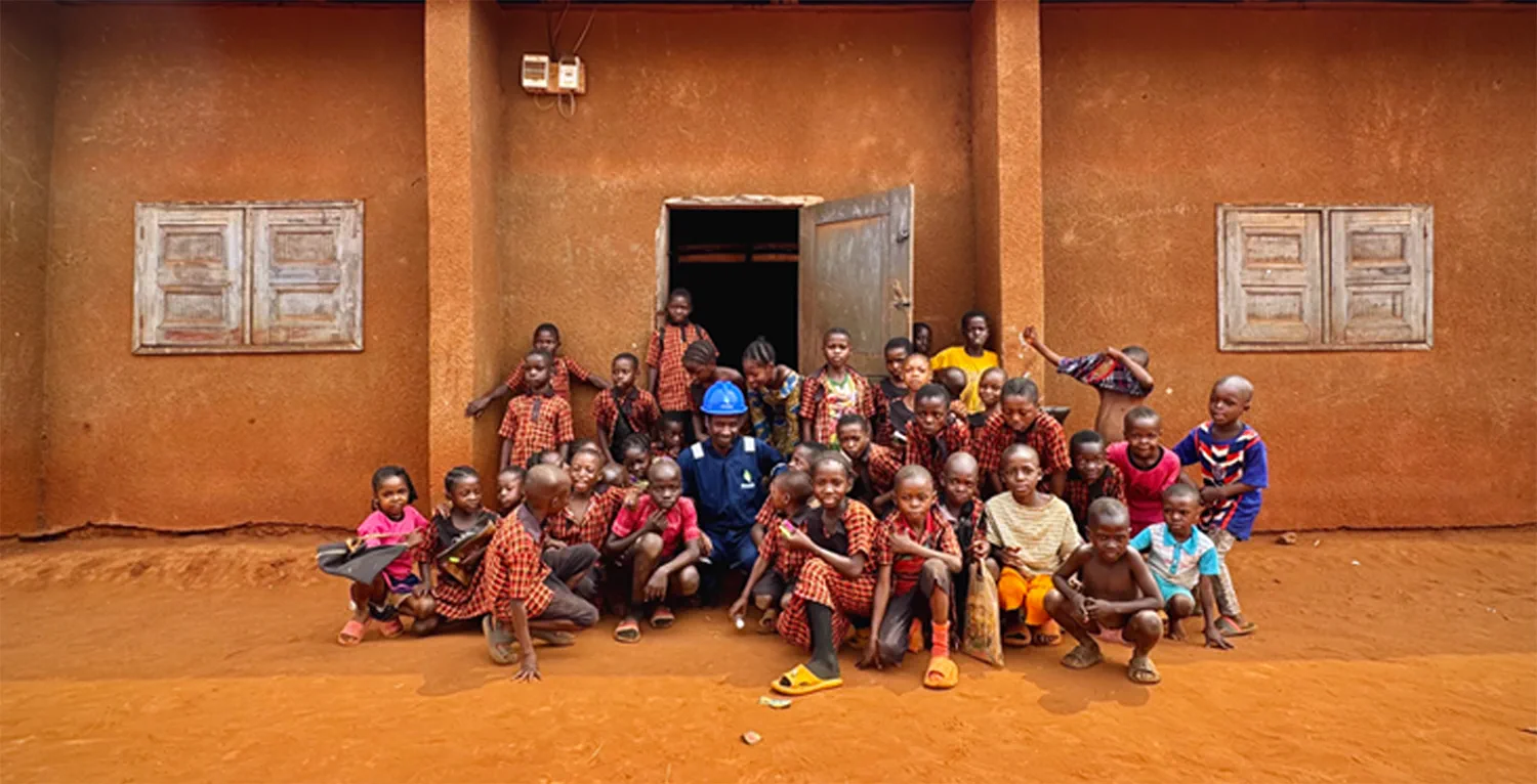 A Saba engineer in a hard hat with a large group of village children in Nigeria