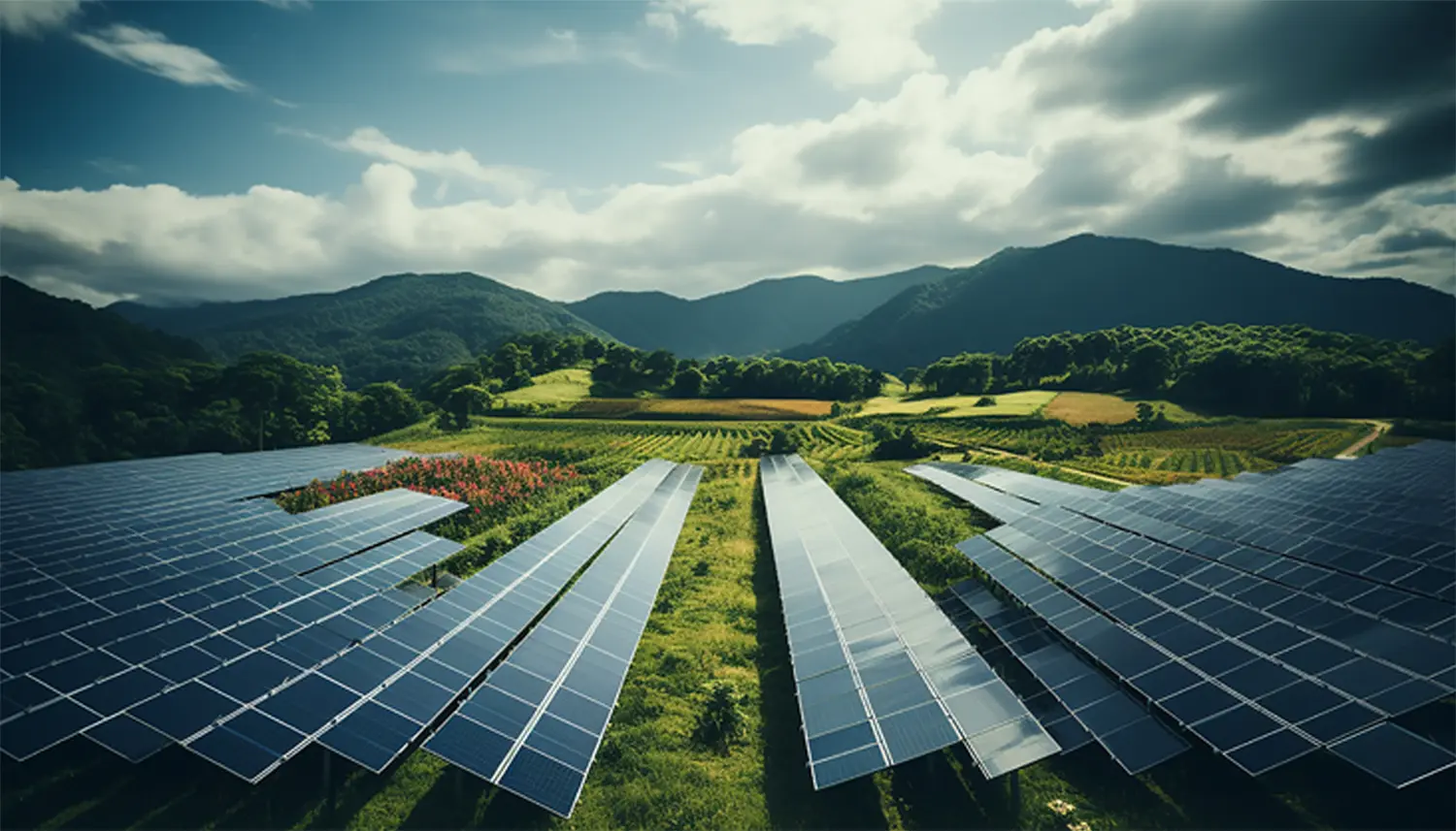 Solar arrays in a green valley beneath mountains